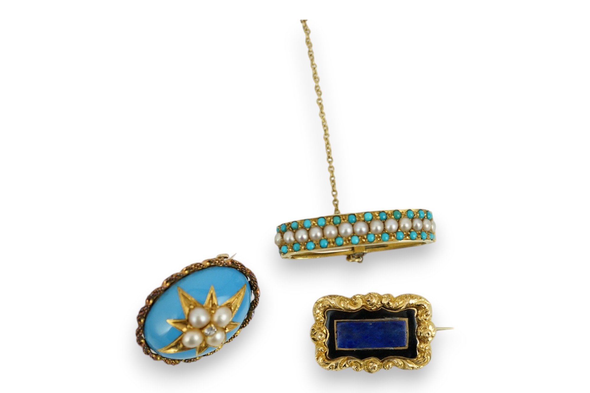 A George IV yellow metal, black enamel and lapis lazuli set mourning brooch, 'In Memory of The Hon. Mary Byron, Obt April, 1827 at 78', 22mm, together with a later yellow metal, enamel, diamond and split pearl set oval b